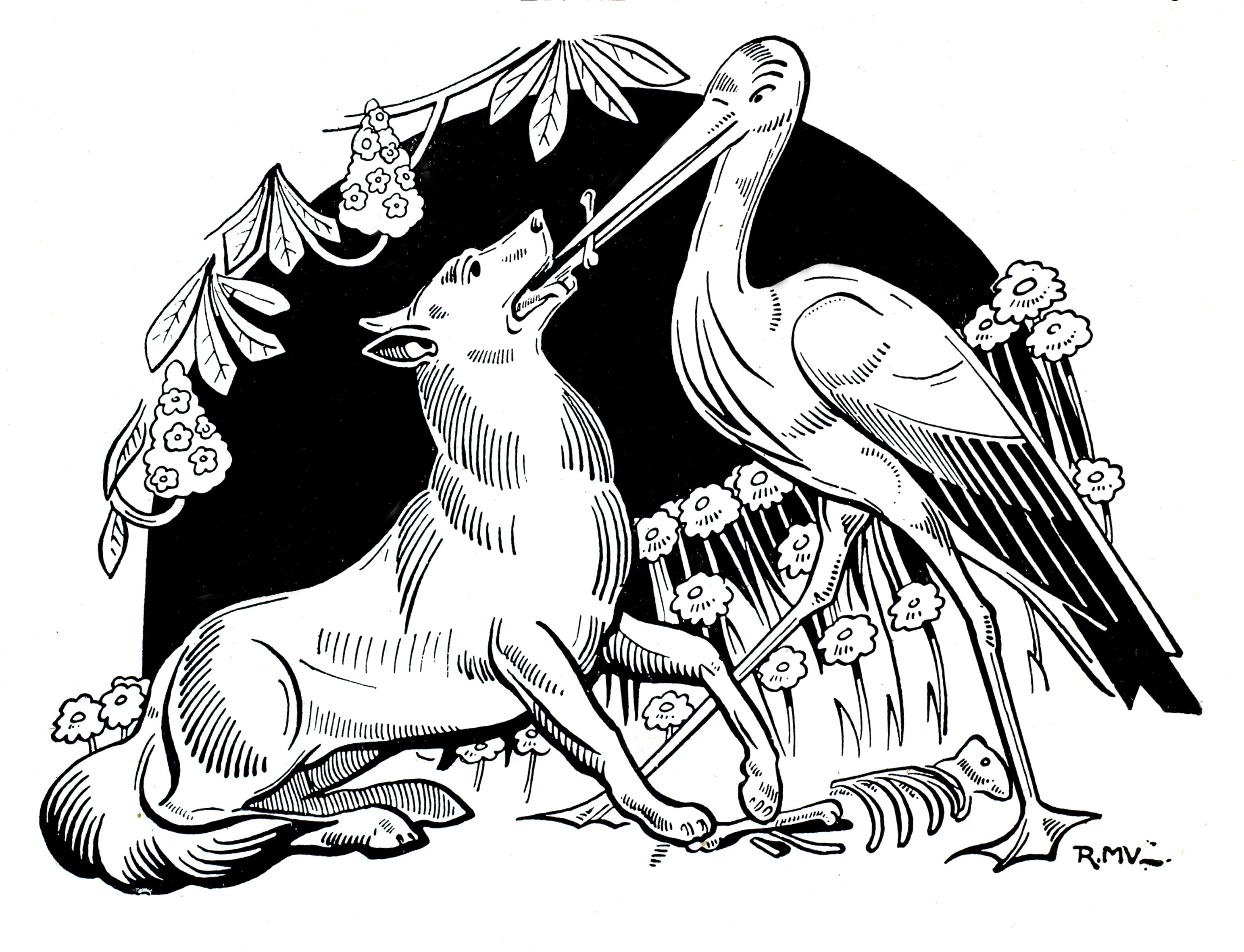 Le loup et la cigogne  (illustration de Fables de Lafontaine)